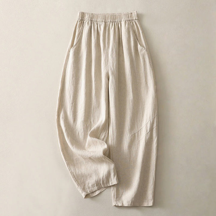 Buddha Stones Summer Daily Solid Color Elastic Waistband Design Women's Wide Leg Cotton Linen Pants With Pockets - Beige - US8-10，UK/AU12-14，EU40-42 (2XL) - image 0