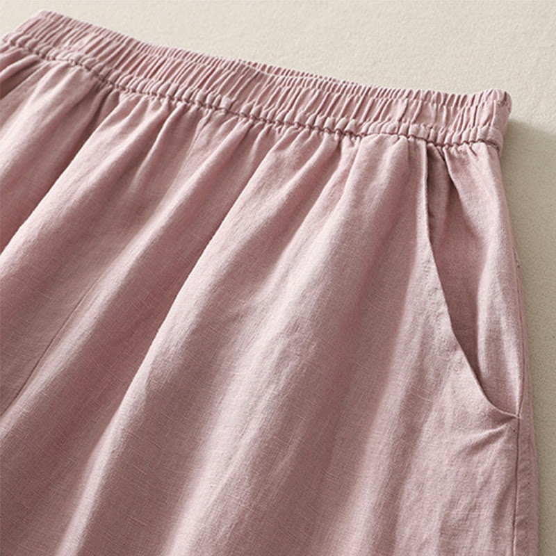 Buddha Stones Summer Daily Solid Color Elastic Waistband Design Women's Wide Leg Cotton Linen Pants With Pockets - image 9