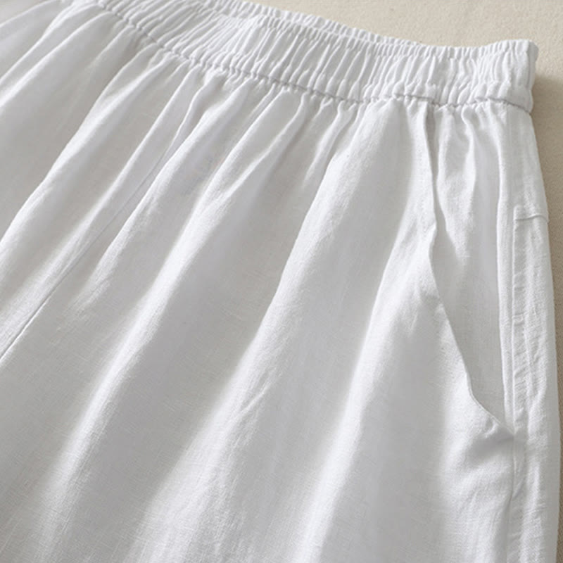 Buddha Stones Summer Daily Solid Color Elastic Waistband Design Women's Wide Leg Cotton Linen Pants With Pockets - image 14