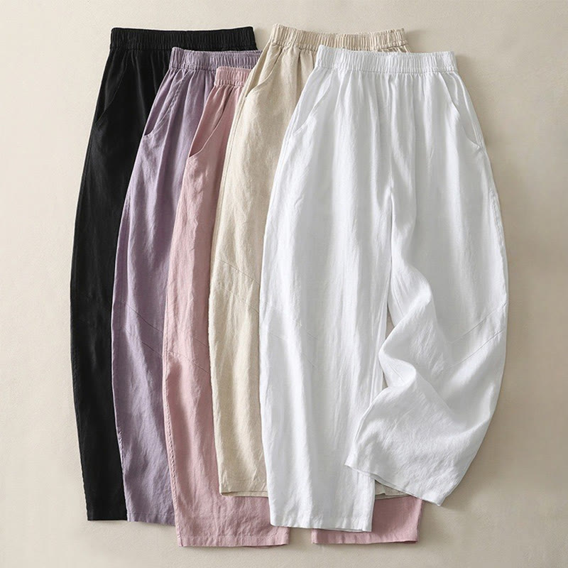 Buddha Stones Summer Daily Solid Color Elastic Waistband Design Women's Wide Leg Cotton Linen Pants With Pockets - image 26