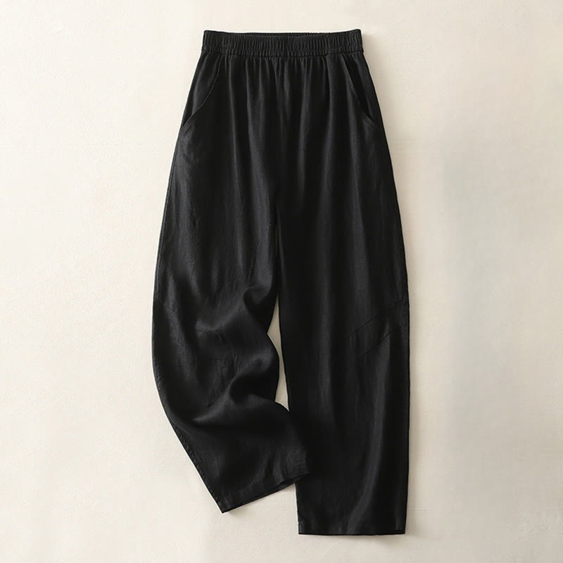 Buddha Stones Summer Daily Solid Color Elastic Waistband Design Women's Wide Leg Cotton Linen Pants With Pockets - Black - US8-10，UK/AU12-14，EU40-42 (2XL) - image 22