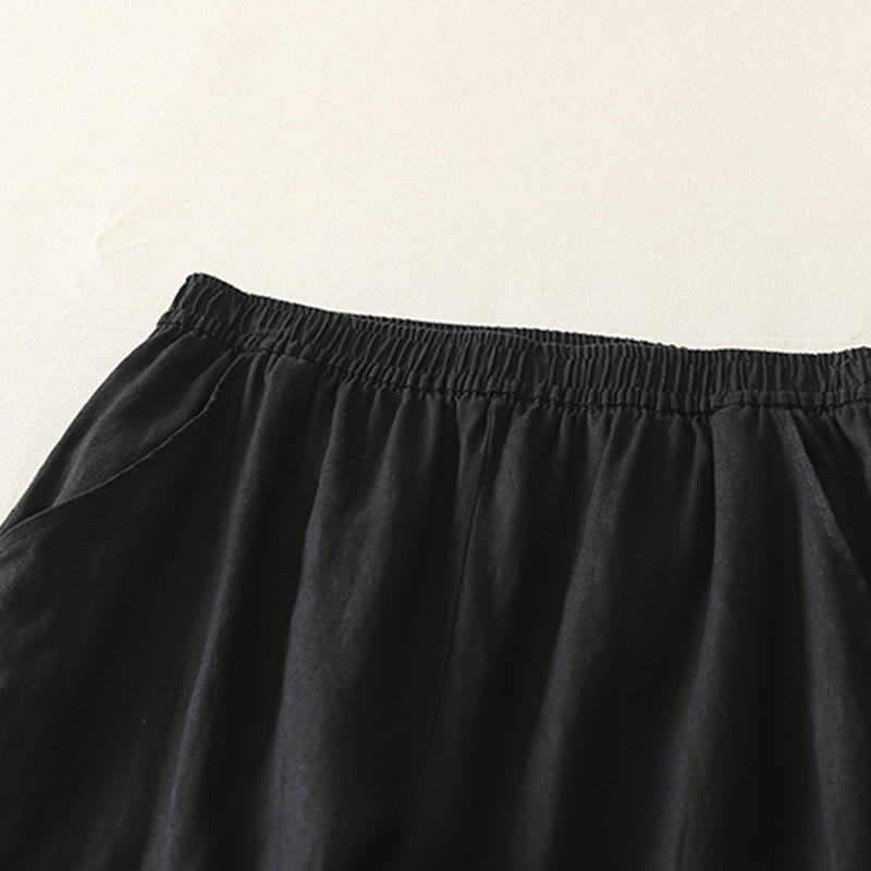 Buddha Stones Summer Daily Solid Color Elastic Waistband Design Women's Wide Leg Cotton Linen Pants With Pockets - image 23