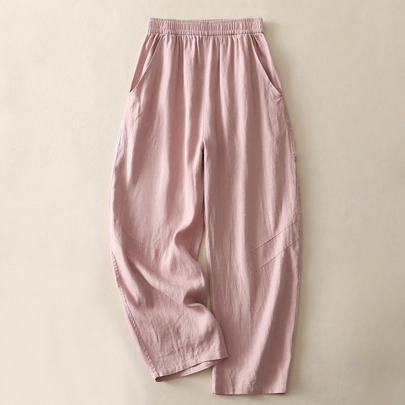 Buddha Stones Summer Daily Solid Color Elastic Waistband Design Women's Wide Leg Cotton Linen Pants With Pockets - LightCoral - US8-10，UK/AU12-14，EU40-42 (2XL) - image 8