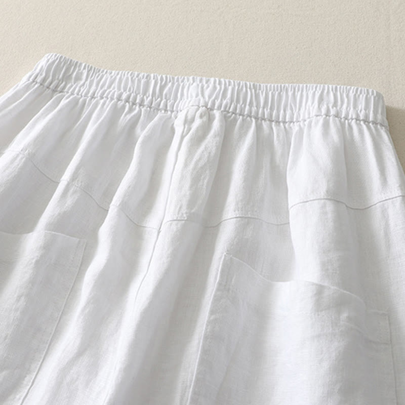 Buddha Stones Summer Daily Solid Color Elastic Waistband Design Women's Wide Leg Cotton Linen Pants With Pockets - image 16