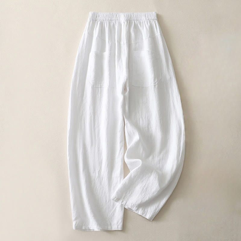 Buddha Stones Summer Daily Solid Color Elastic Waistband Design Women's Wide Leg Cotton Linen Pants With Pockets - White - US8-10，UK/AU12-14，EU40-42 (2XL) - image 12