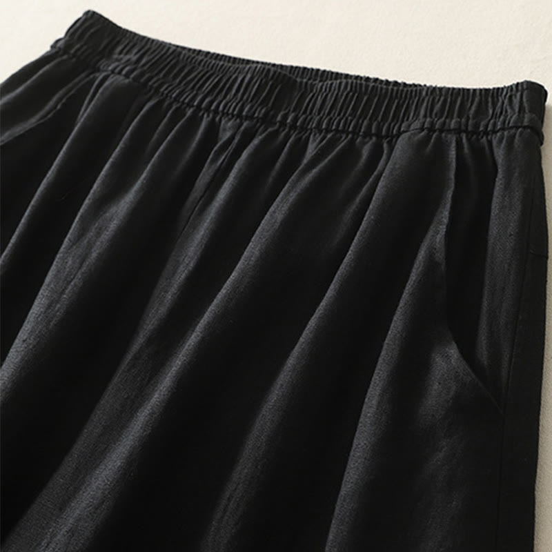 Buddha Stones Summer Daily Solid Color Elastic Waistband Design Women's Wide Leg Cotton Linen Pants With Pockets - image 24