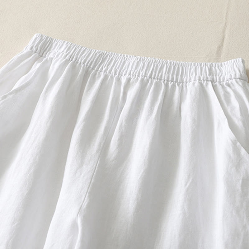 Buddha Stones Summer Daily Solid Color Elastic Waistband Design Women's Wide Leg Cotton Linen Pants With Pockets - image 15