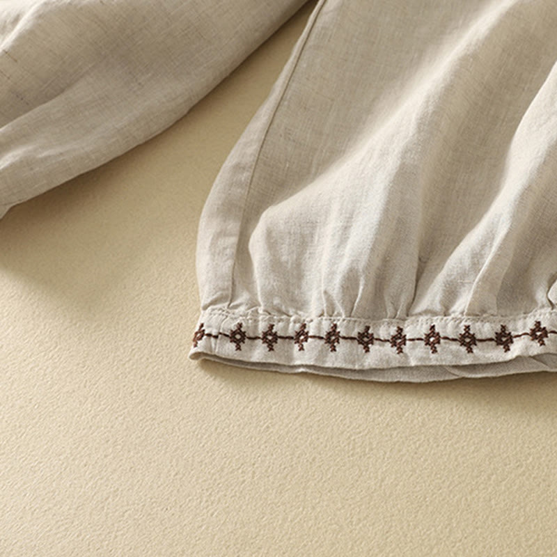 Buddha Stones Casual Retro Drawstring Embroidery Design Women's Cotton Linen 7-8 Length Pants With Pockets - image 8