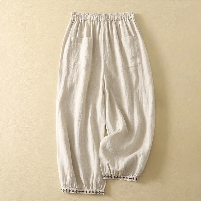 Buddha Stones Casual Retro Drawstring Embroidery Design Women's Cotton Linen 7-8 Length Pants With Pockets - image 2