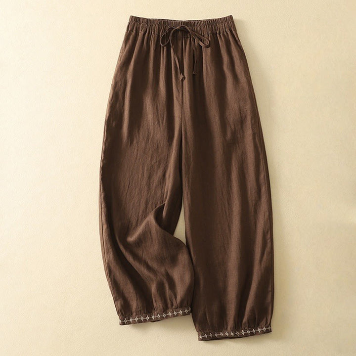 Buddha Stones Casual Retro Drawstring Embroidery Design Women's Cotton Linen 7-8 Length Pants With Pockets - SaddleBrown - US8-10，UK/AU12-14，EU40-42 (2XL) - image 14