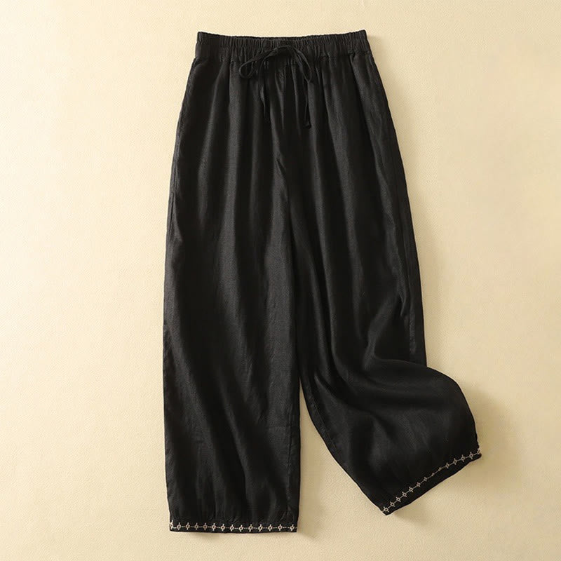Buddha Stones Casual Retro Drawstring Embroidery Design Women's Cotton Linen 7-8 Length Pants With Pockets - Black - US8-10，UK/AU12-14，EU40-42 (2XL) - image 10