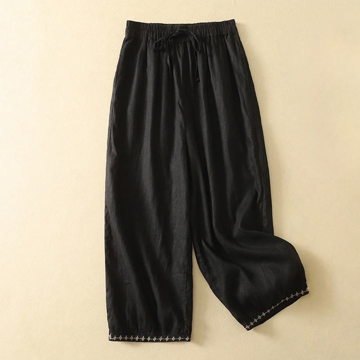 Buddha Stones Casual Retro Drawstring Embroidery Design Women's Cotton Linen 7-8 Length Pants With Pockets - Black - US8-10，UK/AU12-14，EU40-42 (2XL) - image 10