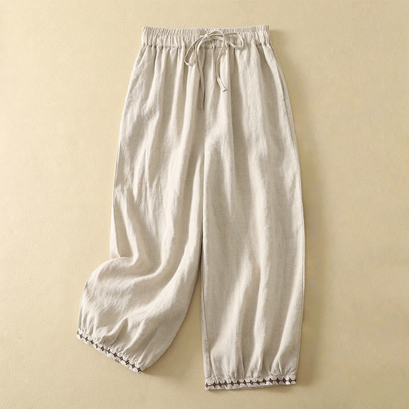 Buddha Stones Casual Retro Drawstring Embroidery Design Women's Cotton Linen 7-8 Length Pants With Pockets - Linen - US8-10，UK/AU12-14，EU40-42 (2XL) - image 1