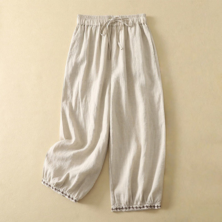 Buddha Stones Casual Retro Drawstring Embroidery Design Women's Cotton Linen 7-8 Length Pants With Pockets - Linen - US8-10，UK/AU12-14，EU40-42 (2XL) - image 1