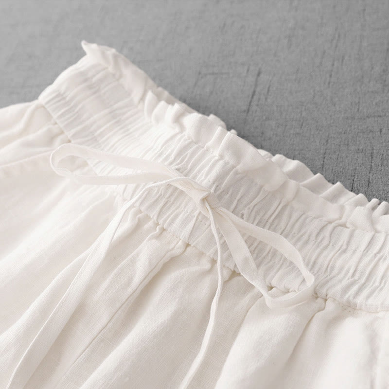 Buddha Stones Casual High Waist Ruffled Drawstring Design Women's Wide Leg Cotton Pants With Pockets - image 13