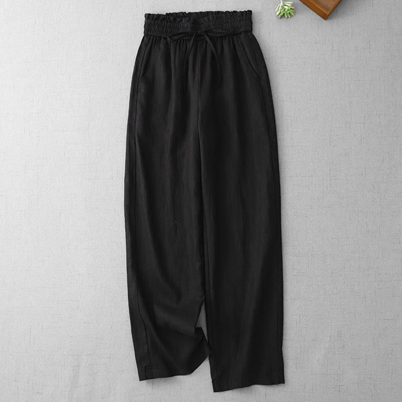 Buddha Stones Casual High Waist Ruffled Drawstring Design Women's Wide Leg Cotton Pants With Pockets - Black - US12，UK/AU16，EU44 (2XL) - image 16