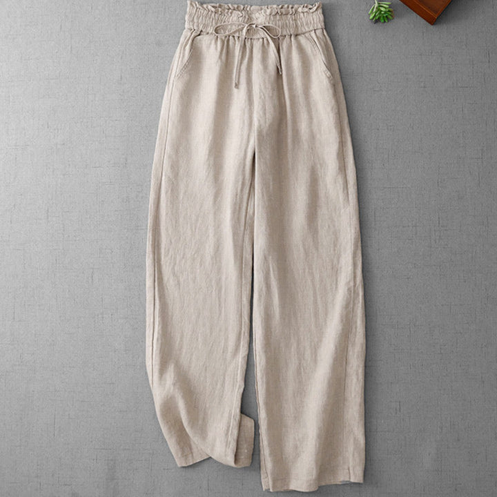 Buddha Stones Casual High Waist Ruffled Drawstring Design Women's Wide Leg Cotton Pants With Pockets - Linen - US12，UK/AU16，EU44 (2XL) - image 0