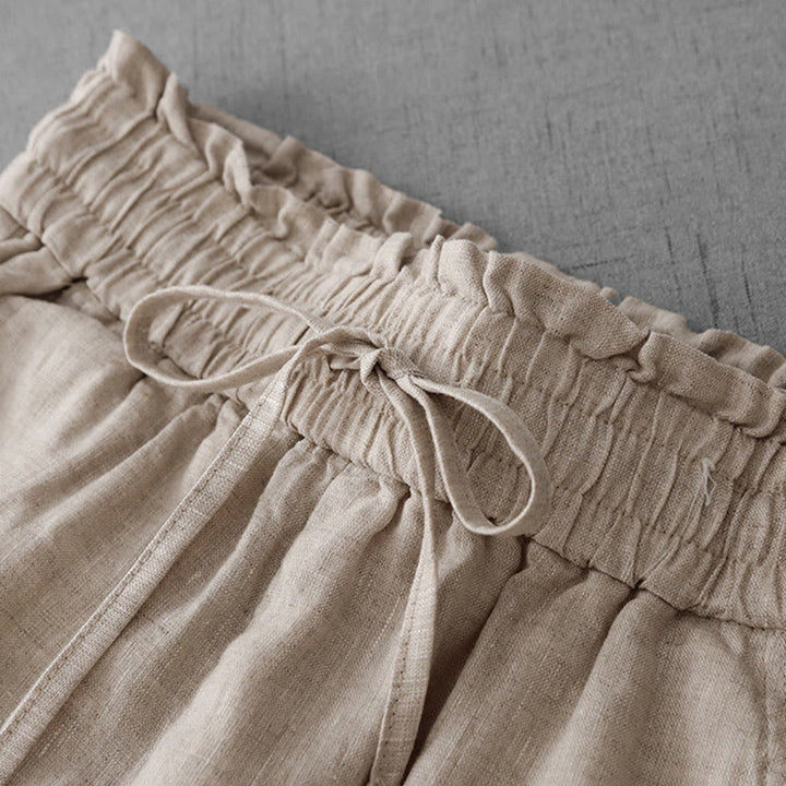 Buddha Stones Casual High Waist Ruffled Drawstring Design Women's Wide Leg Cotton Pants With Pockets - image 3