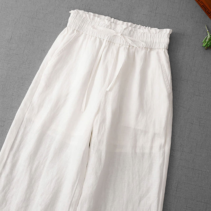 Buddha Stones Casual High Waist Ruffled Drawstring Design Women's Wide Leg Cotton Pants With Pockets - image 12