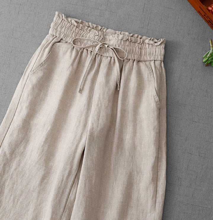 Buddha Stones Casual High Waist Ruffled Drawstring Design Women's Wide Leg Cotton Pants With Pockets - image 2
