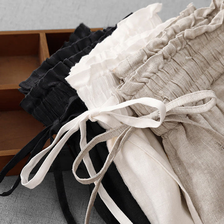 Buddha Stones Casual High Waist Ruffled Drawstring Design Women's Wide Leg Cotton Pants With Pockets - image 25