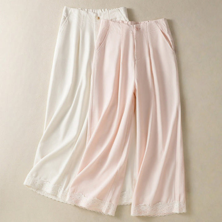 Buddha Stones Casual Lace Patchwork Design High Waist Women's Wide Leg Ankle-Length Pants With Pockets Zipper - image 18