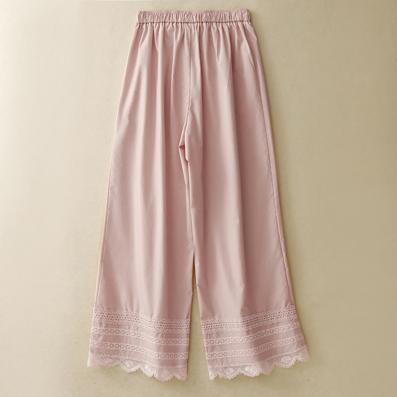 Buddha Stones Commute Plain Lace Patchwork Drawstring Design Women's Wide Leg Cotton Ankle-Length Pants With Pockets - image 2