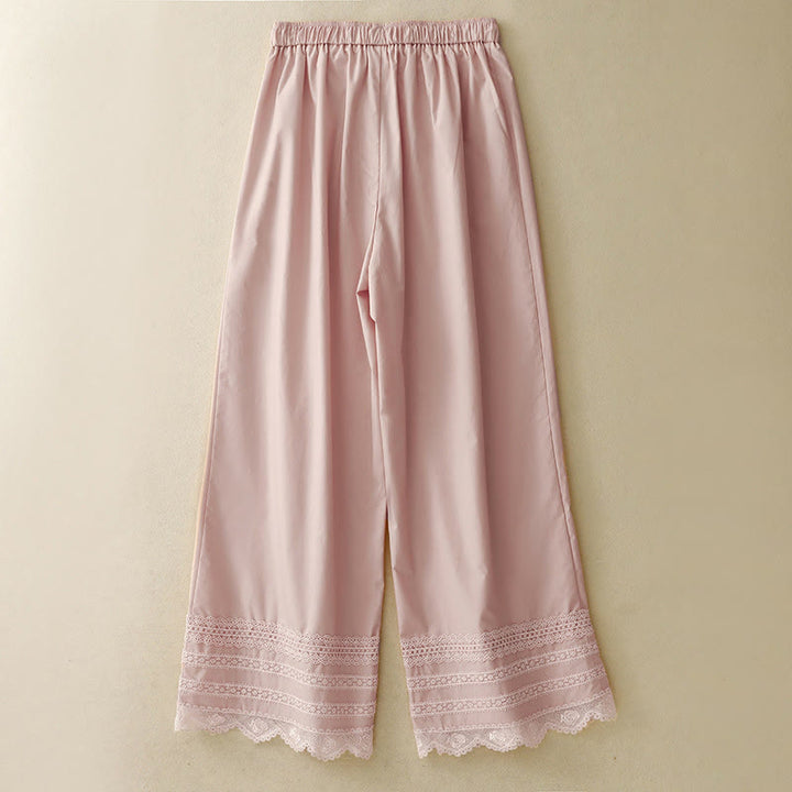Buddha Stones Commute Plain Lace Patchwork Drawstring Design Women's Wide Leg Cotton Ankle-Length Pants With Pockets - image 2