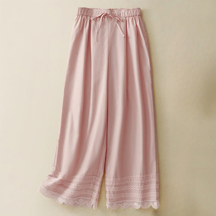 Buddha Stones Commute Plain Lace Patchwork Drawstring Design Women's Wide Leg Cotton Ankle-Length Pants With Pockets - LightPink - US12，UK/AU16，EU44 (2XL) - image 1