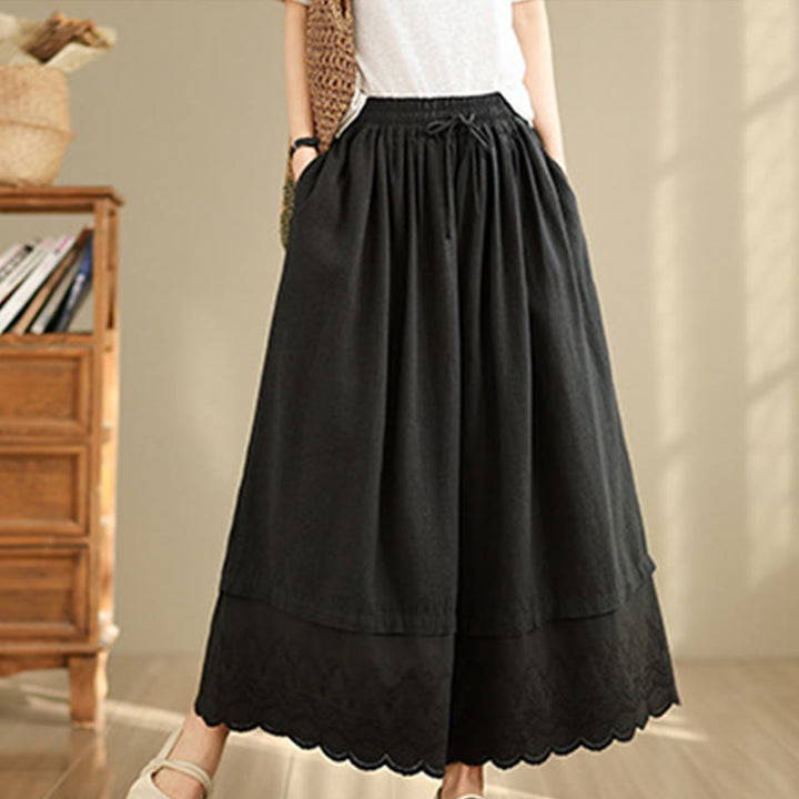 Buddha Stones Spring Embroidery Lace Hem Patchwork Drawstring Design Women's Wide Leg Cotton Pants With Pockets - image 10