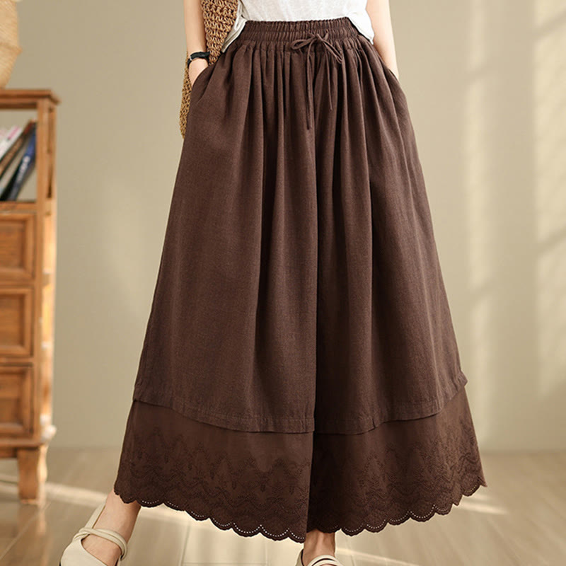Buddha Stones Spring Embroidery Lace Hem Patchwork Drawstring Design Women's Wide Leg Cotton Pants With Pockets - image 13