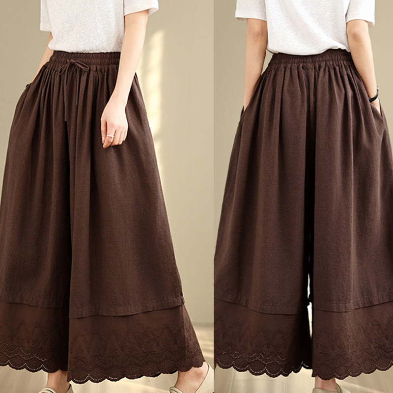 Buddha Stones Spring Embroidery Lace Hem Patchwork Drawstring Design Women's Wide Leg Cotton Pants With Pockets - image 18