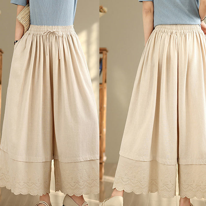 Buddha Stones Spring Embroidery Lace Hem Patchwork Drawstring Design Women's Wide Leg Cotton Pants With Pockets - image 8