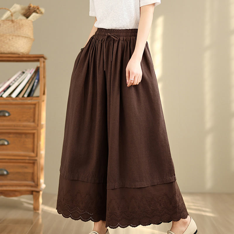 Buddha Stones Spring Embroidery Lace Hem Patchwork Drawstring Design Women's Wide Leg Cotton Pants With Pockets - SaddleBrown - US8-10，UK/AU12-14，EU40-42 (2XL) - image 12