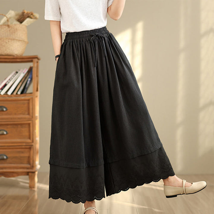 Buddha Stones Spring Embroidery Lace Hem Patchwork Drawstring Design Women's Wide Leg Cotton Pants With Pockets - Black - US8-10，UK/AU12-14，EU40-42 (2XL) - image 9