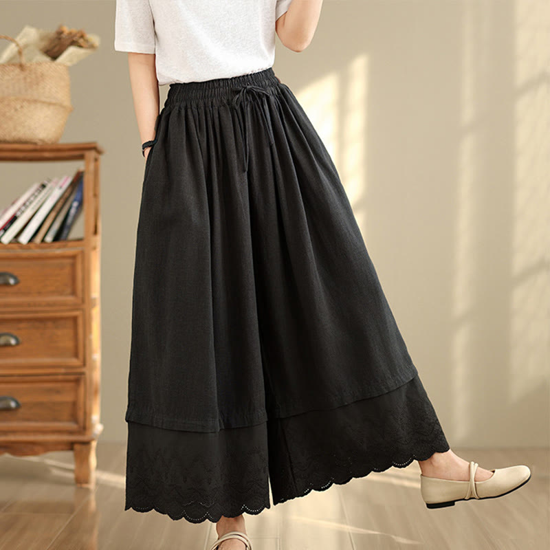 Buddha Stones Spring Embroidery Lace Hem Patchwork Drawstring Design Women's Wide Leg Cotton Pants With Pockets - Black - US8-10，UK/AU12-14，EU40-42 (2XL) - image 10