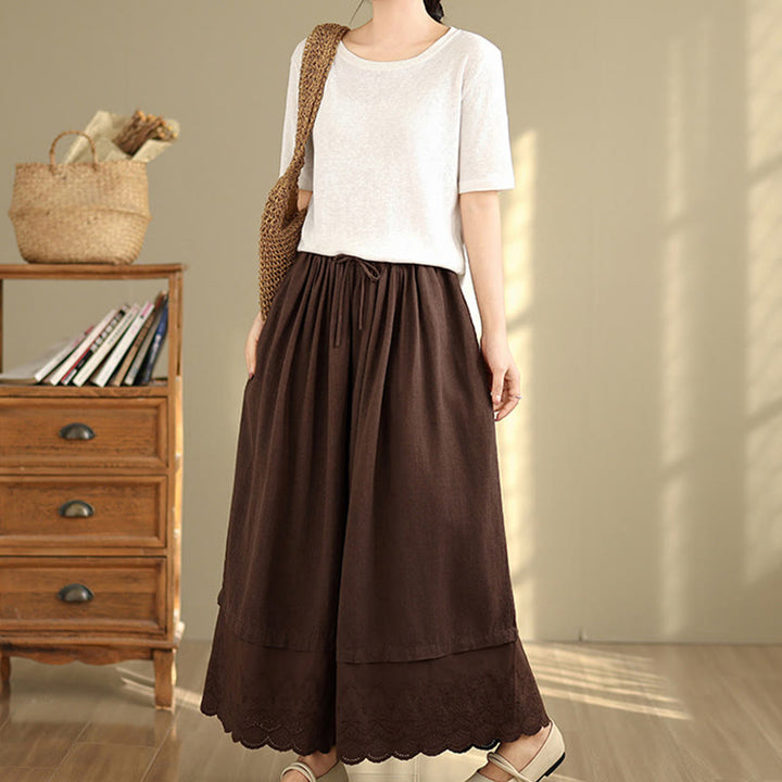Buddha Stones Spring Embroidery Lace Hem Patchwork Drawstring Design Women's Wide Leg Cotton Pants With Pockets - image 16