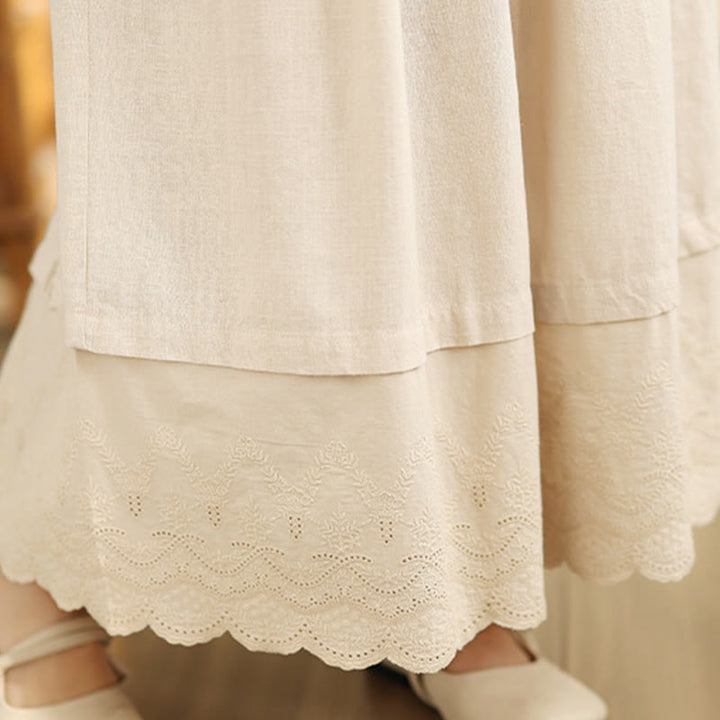 Buddha Stones Spring Embroidery Lace Hem Patchwork Drawstring Design Women's Wide Leg Cotton Pants With Pockets - image 7