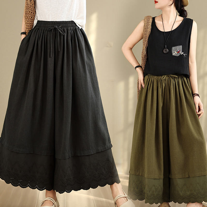 Buddha Stones Spring Embroidery Lace Hem Patchwork Drawstring Design Women's Wide Leg Cotton Pants With Pockets - image 26