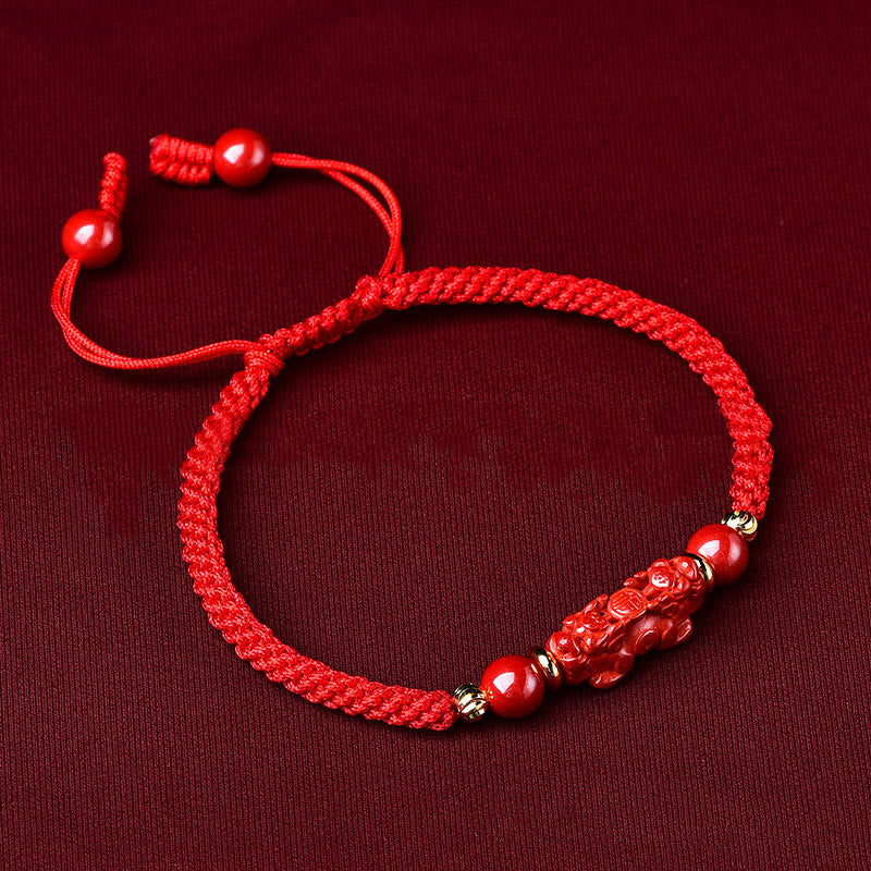 Buddha Stones Handcrafted Pixiu Cinnabar Ruyi Stick Wealth Luck Braided Bracelet - image 1