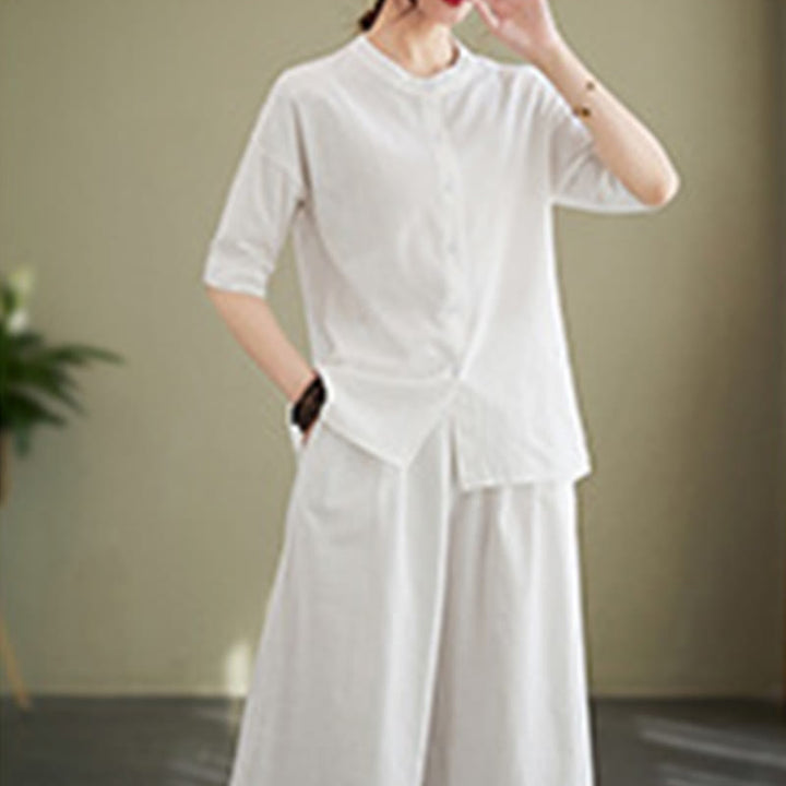 Buddha Stones 2Pcs Casual Solid Color Button Design Half Sleeve Shirt Wide Leg Pants With Pockets Cotton Zen Clothing Women's Set - image 6