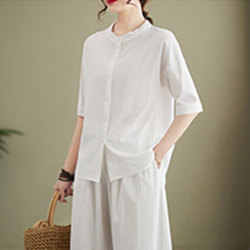 Buddha Stones 2Pcs Casual Solid Color Button Design Half Sleeve Shirt Wide Leg Pants With Pockets Cotton Zen Clothing Women's Set - image 5