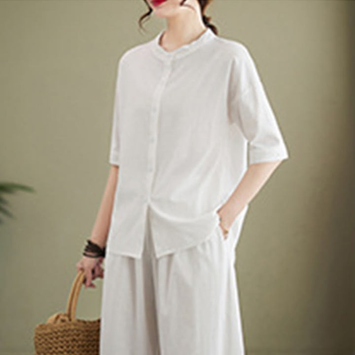 Buddha Stones 2Pcs Casual Solid Color Button Design Half Sleeve Shirt Wide Leg Pants With Pockets Cotton Zen Clothing Women's Set - image 5