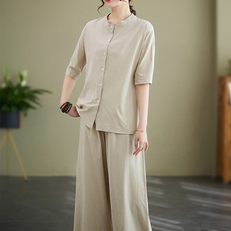Buddha Stones 2Pcs Casual Solid Color Button Design Half Sleeve Shirt Wide Leg Pants With Pockets Cotton Zen Clothing Women's Set - image 21