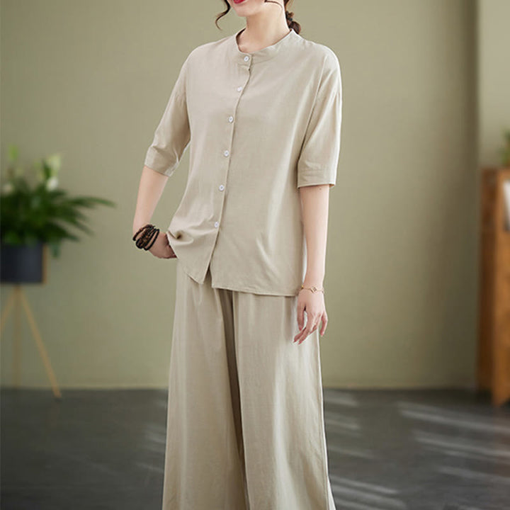 Buddha Stones 2Pcs Casual Solid Color Button Design Half Sleeve Shirt Wide Leg Pants With Pockets Cotton Zen Clothing Women's Set - image 21