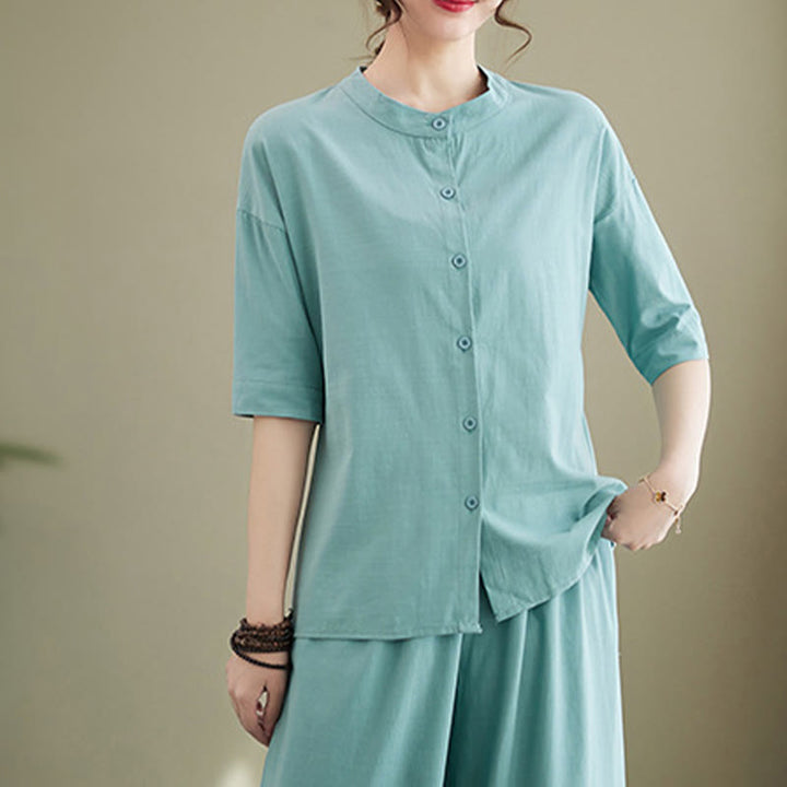 Buddha Stones 2Pcs Casual Solid Color Button Design Half Sleeve Shirt Wide Leg Pants With Pockets Cotton Zen Clothing Women's Set - image 13