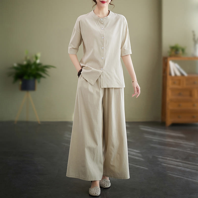 Buddha Stones 2Pcs Casual Solid Color Button Design Half Sleeve Shirt Wide Leg Pants With Pockets Cotton Zen Clothing Women's Set - Beige - US8-10，UK/AU12-14，EU40-42 (2XL) - image 16