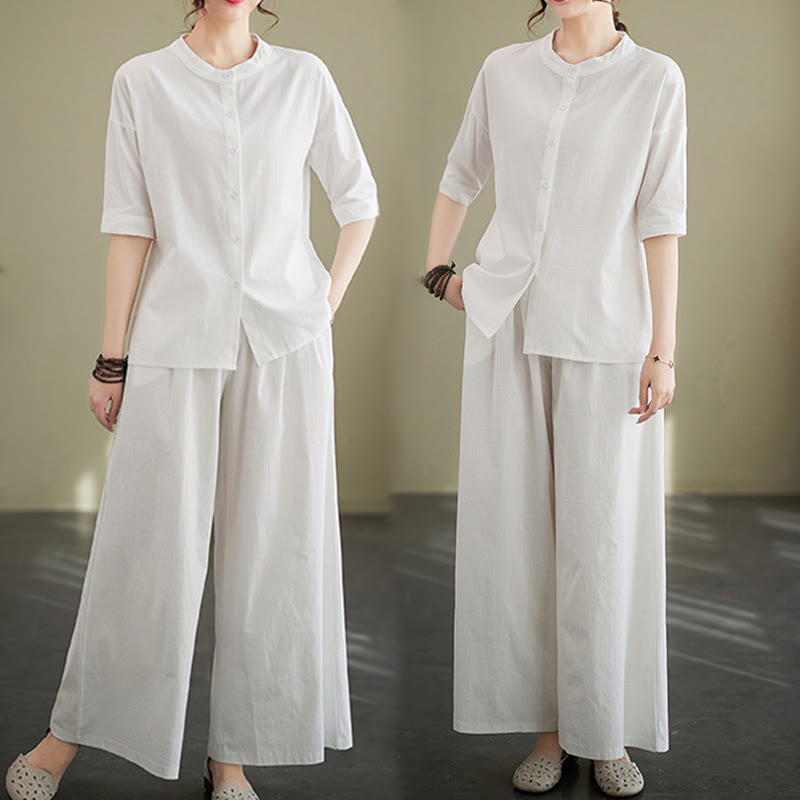 Buddha Stones 2Pcs Casual Solid Color Button Design Half Sleeve Shirt Wide Leg Pants With Pockets Cotton Zen Clothing Women's Set - image 8
