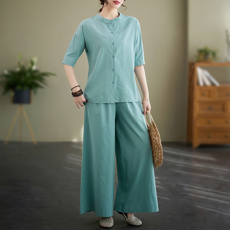Buddha Stones 2Pcs Casual Solid Color Button Design Half Sleeve Shirt Wide Leg Pants With Pockets Cotton Zen Clothing Women's Set - MediumTurquoise - US8-10，UK/AU12-14，EU40-42 (2XL) - image 9