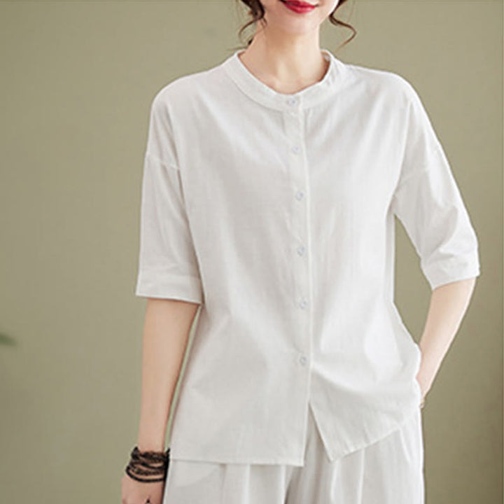 Buddha Stones 2Pcs Casual Solid Color Button Design Half Sleeve Shirt Wide Leg Pants With Pockets Cotton Zen Clothing Women's Set - image 7